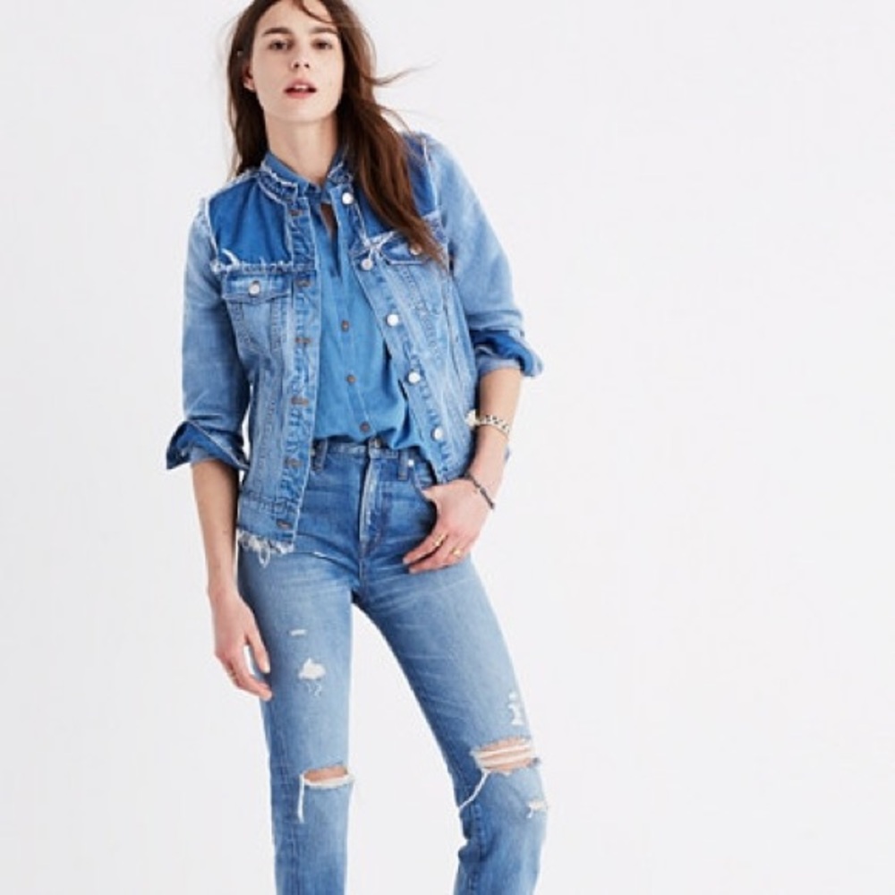 Madewell Distressed Collarless Denim Jacket